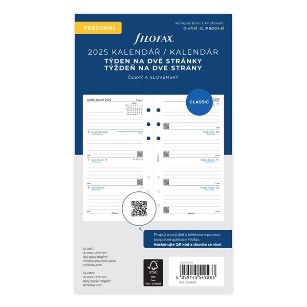 Náhradní náplň diáře Filofax, A6, týden/2strany