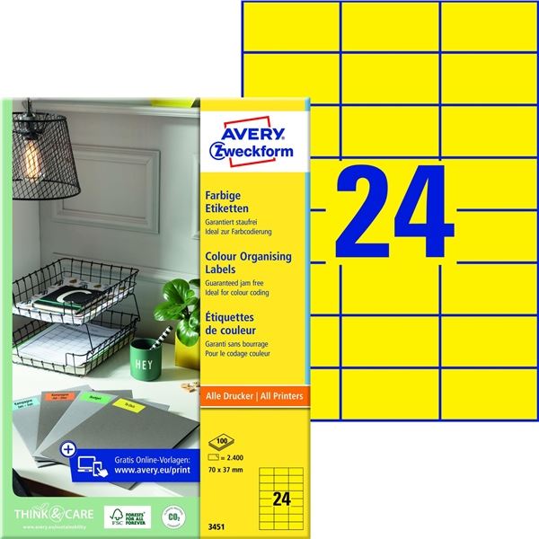 Žluté univerzální etikety, 70 x 37 mm, 2400 ks