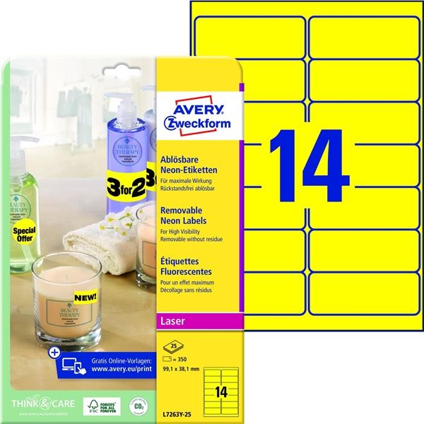 Neonové etikety, žluté, 99,1 x 38,1 mm, 350 ks