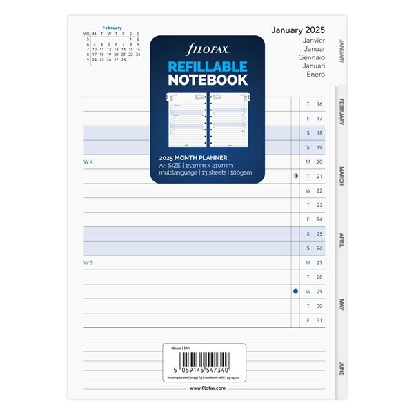 Plánovací kalendář do Filofax Notebook A5, měsíční