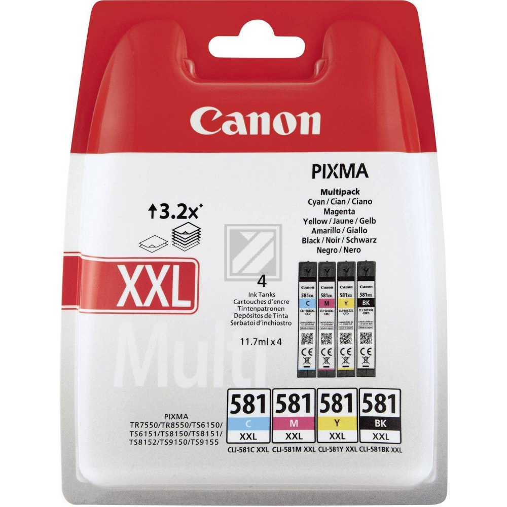 Original Canon 1998C007 / CLI-581XXL Tinte schwarz, cyan, magenta, gelb - 4 Stück