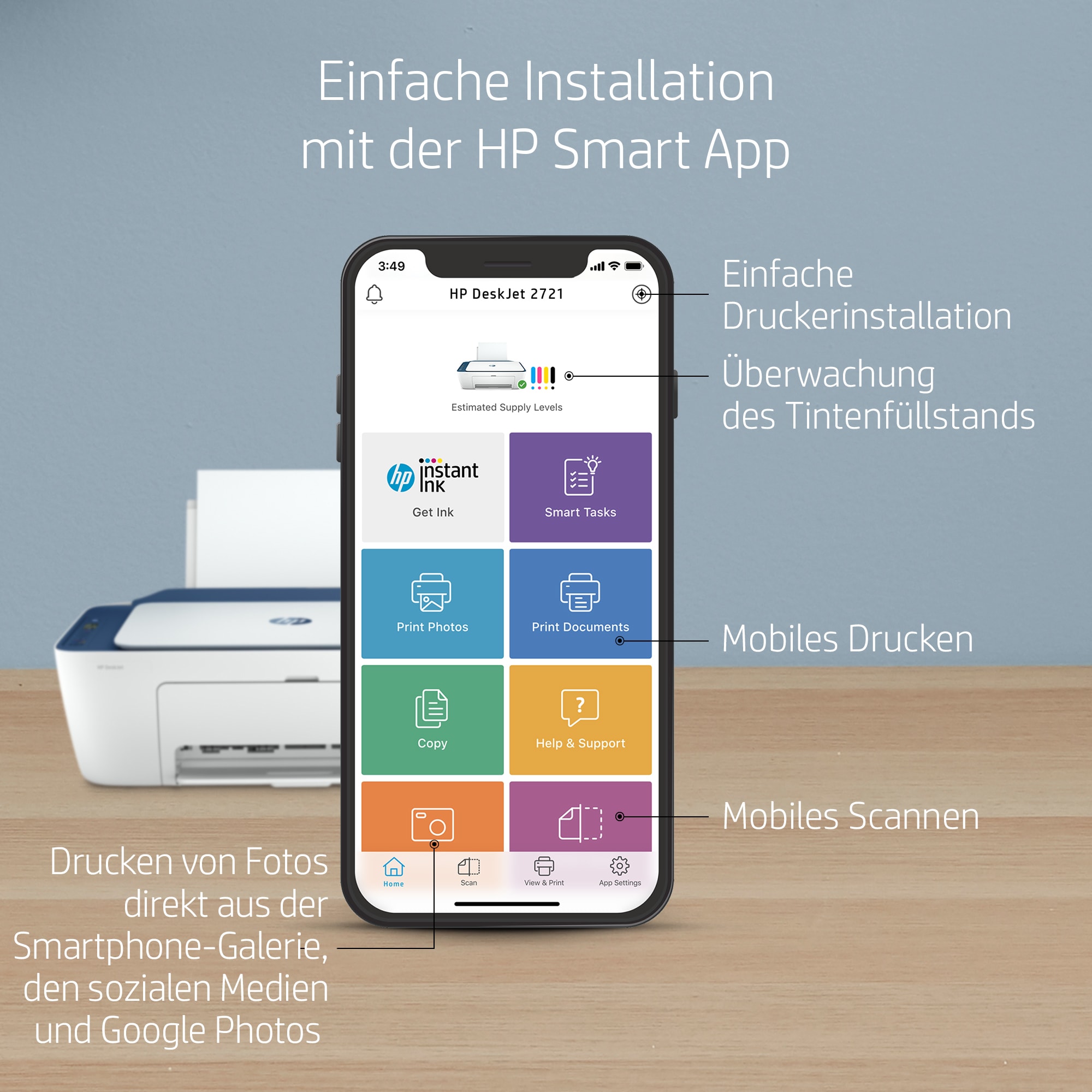 HP DeskJet 2721 Thermal Inkjet A4 4800 x 1200 DPI 7,5 Seiten pro Minute WLAN