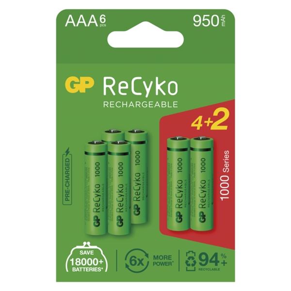 Nabíjecí baterie GP ReCyko-AAA,HR03,950 mAh,6 ks