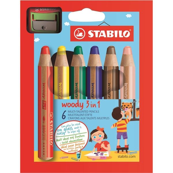 Stabilo Woody pastelka 3v1,sada 6 ks s ořezávátkem