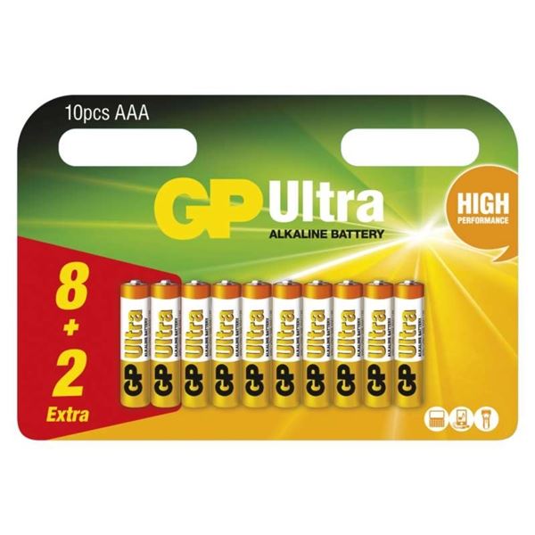 Alkalické baterie GP Ultra AAA, LR03, 1,5V, 8+2 ks